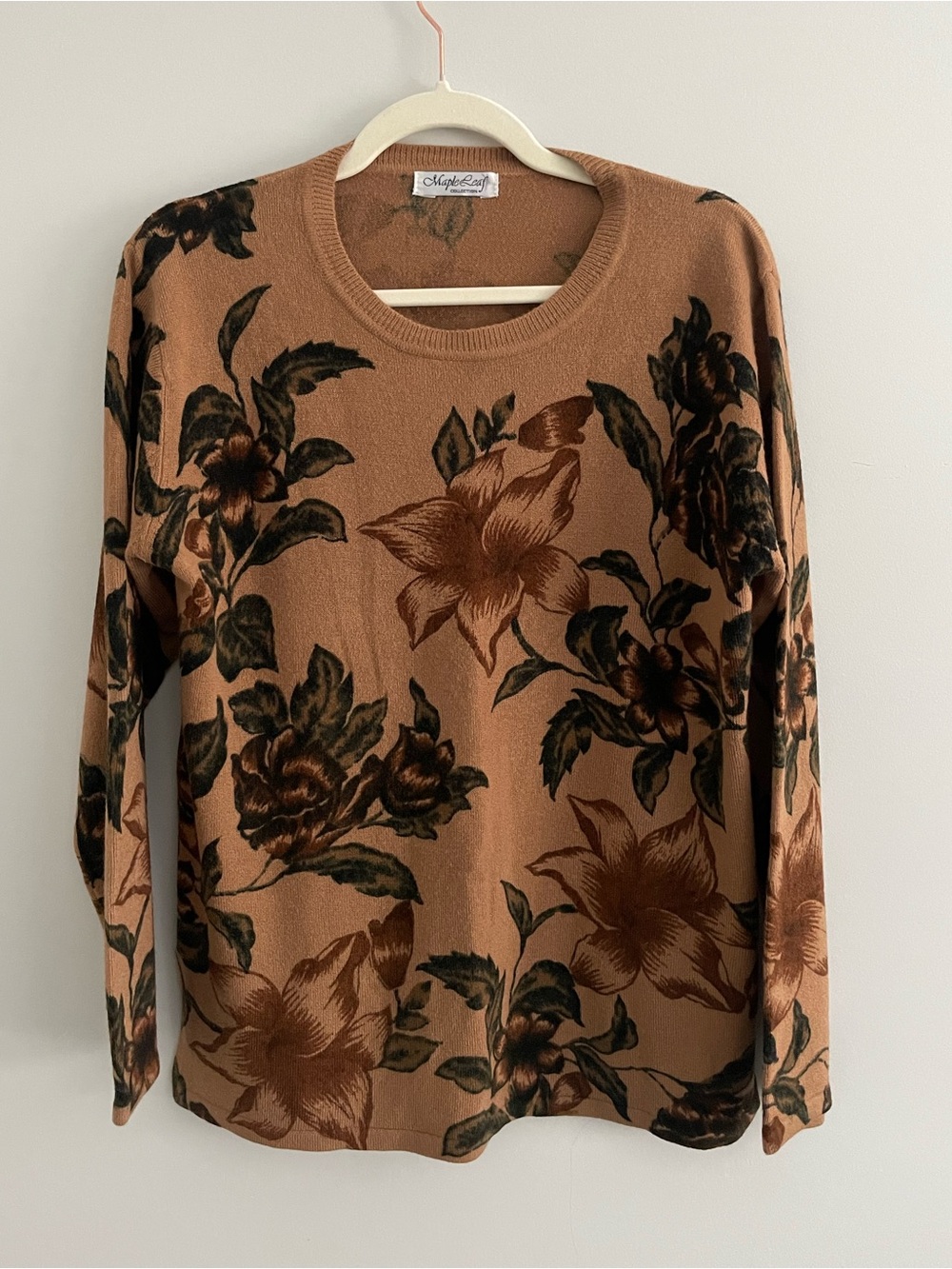 Maple Leaf Fall Floral Angora Wool Brown Sweater